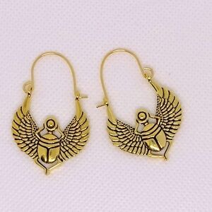 NEW Egyptian Revival Styled Winged Scarab Goldtone Earrings